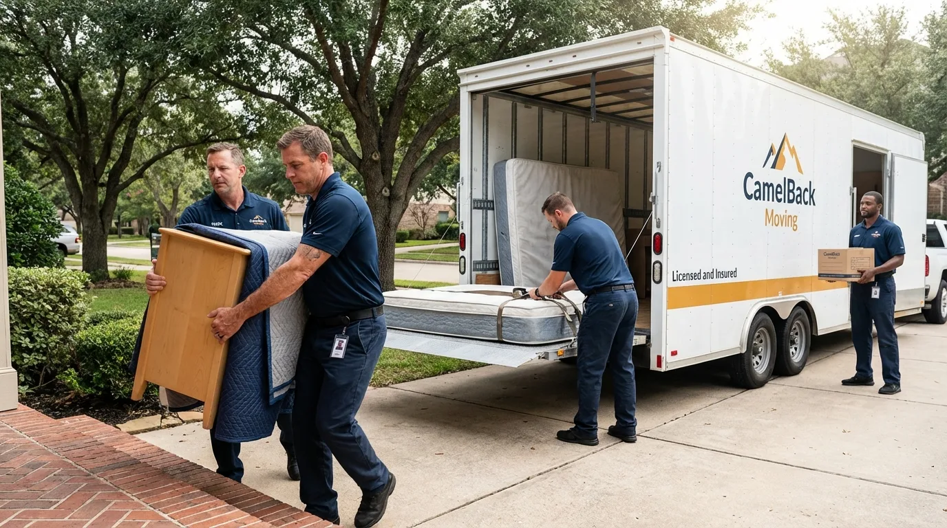 Crew loading residential truck for cross-state move from Runge, TX