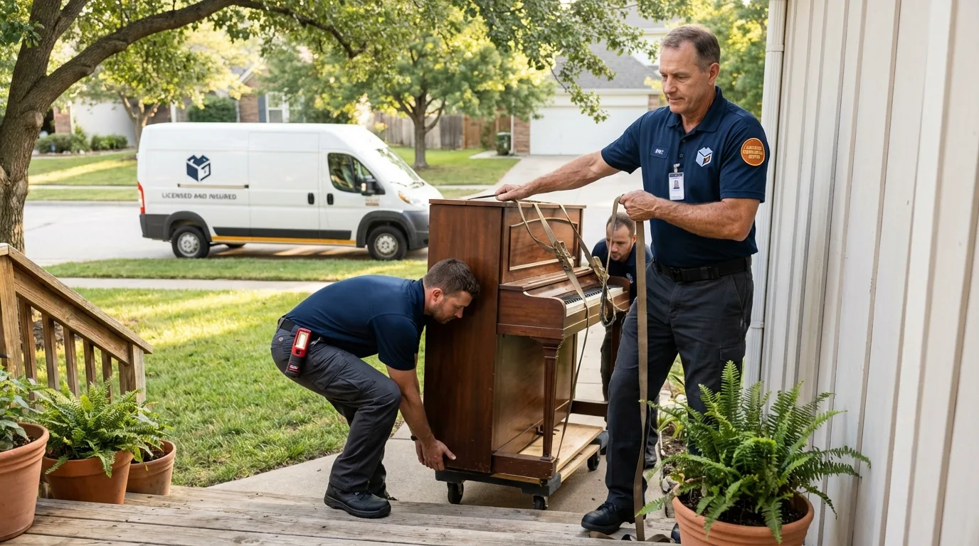 Licensed piano movers securing grand piano in Runge, TX
