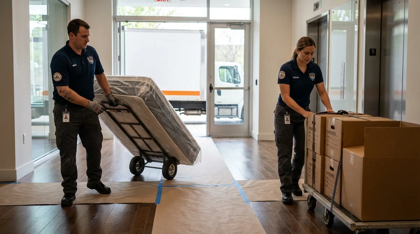 Professional apartment movers loading elevator in Runge, TX