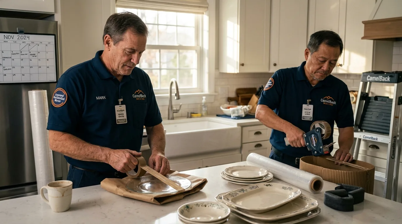 Professional crew packing kitchen dishware in Runge, TX